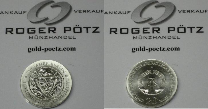 Ddr 20 Mark 1987 Stadtsiegel Berlin zilver, Postzegels en Munten, Munten | Europa | Niet-Euromunten, Verzenden