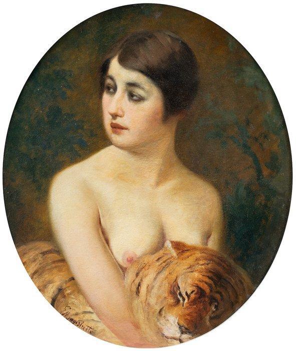 Emilio Magistretti (1851-1936) - Girl with Tiger, Antiek en Kunst, Kunst | Schilderijen | Klassiek