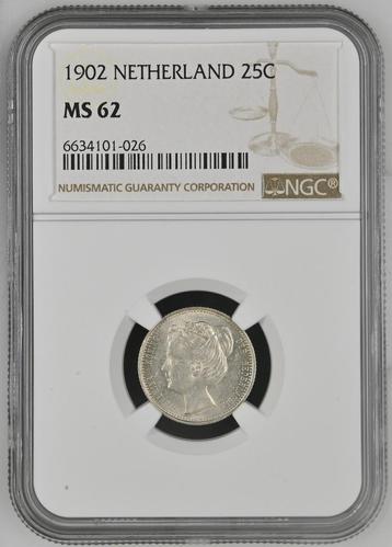 Koningin Wilhelmina 25 cent 1902 MS62 NGC gecertificeerd