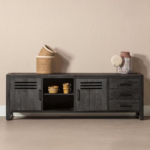 Tv-meubel Mangohout Tristan 180 Zwart, Huis en Inrichting, Kasten | Televisiemeubels, 25 tot 50 cm, Nieuw, Overige houtsoorten
