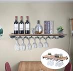 Wand Wijnrek Hout en Metaal – Industrieel Rek met Glashouder, Verzenden, Nieuw