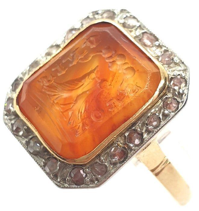 Ring - 18 karaat Geel goud - 4.10ct. tw. Carneool - Diamant, Sieraden, Tassen en Uiterlijk, Ringen