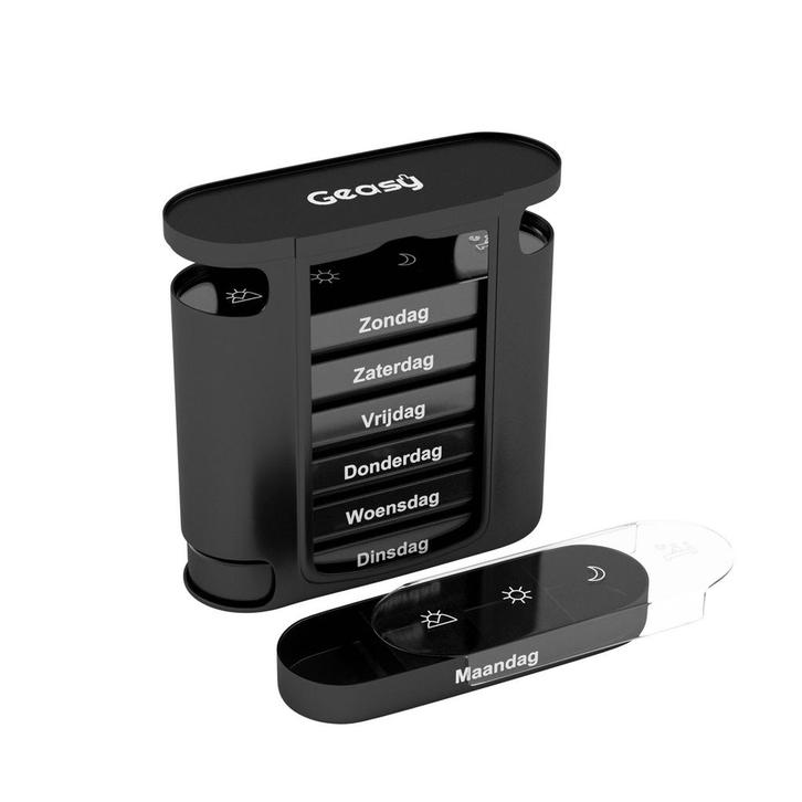 GEASY Pillendoos 7 Dagen – 4 Vakken – Zwart –, Antiek en Kunst, Antiek | Goud en Zilver, Verzenden