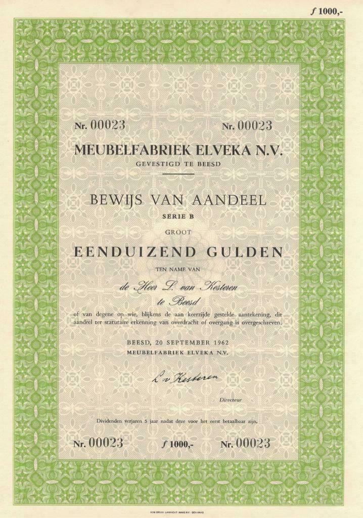 Meubelfabriek Elveka te Beesd (Gld.): aandeel 1962, Postzegels en Munten, Aandelen en Waardepapieren, Aandeel, 1950 tot 1970, Ophalen of Verzenden