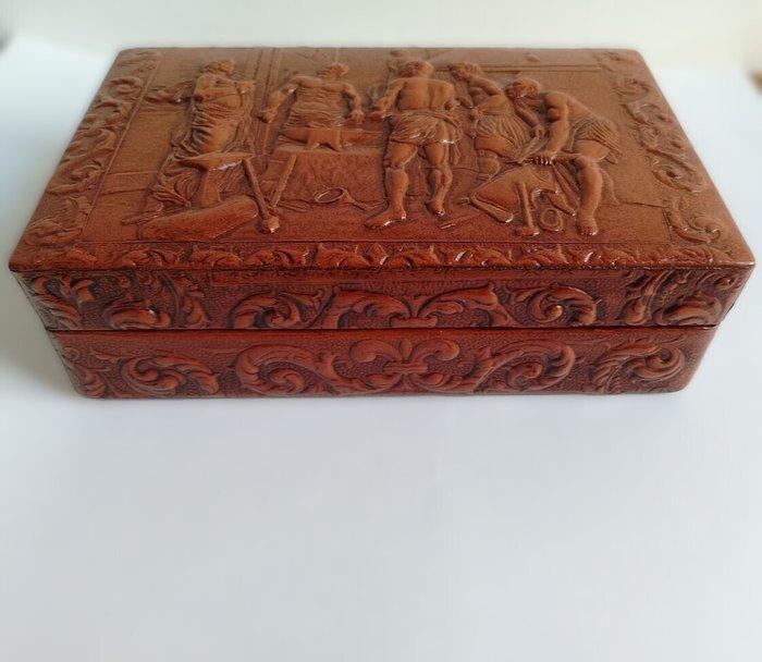 Sigarettendoos - Hout, Leder - Leder Relief, Antiek en Kunst, Curiosa en Brocante