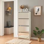 Schoenenkast Lund met 4 kleppen spiegeldeuren wit 134x60x24, Verzenden, Nieuw