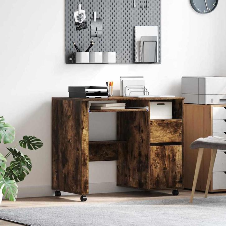 vidaXL Bureau met Wielen Gerookt eiken 91 x 50 x 77 cm, Huis en Inrichting, Bureaus, Nieuw, Verzenden