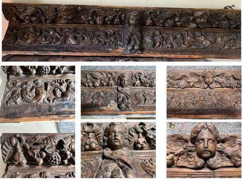 Reliëf, Rijk snijwerk met putti en wijnranken - 26 cm -, Antiek en Kunst, Antiek | Overige Antiek