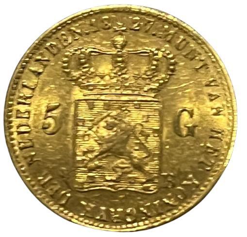 Gouden vijfje Willem I 1827b (PR) (1.381.553 oplage), Postzegels en Munten, Munten | Nederland, Losse munt, Koning Willem I, Goud