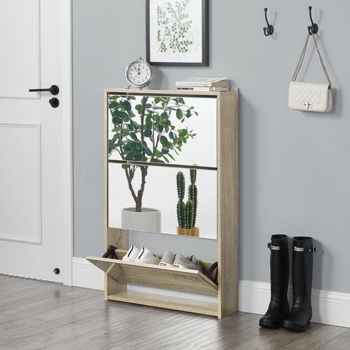 Schoenenkast Lund met spiegels 3 vouwdeuren 102,5x63x17 eike, Huis en Inrichting, Kasten | Schoenenkasten, Nieuw, Verzenden