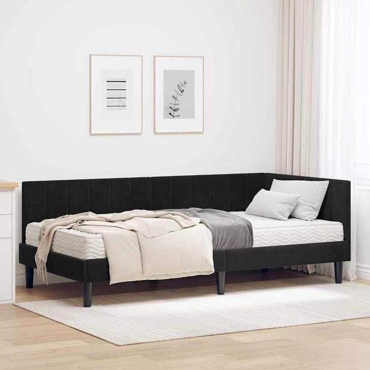 vidaXL Hoekbedframe met matras Zwart 90 x 200 cm Fluweel, Huis en Inrichting, Slaapkamer | Bedden, Zwart, Nieuw, Hout, Verzenden