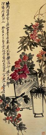 Een Chinees bloemenschilderij in inkt en kleur op papier,, Antiek en Kunst