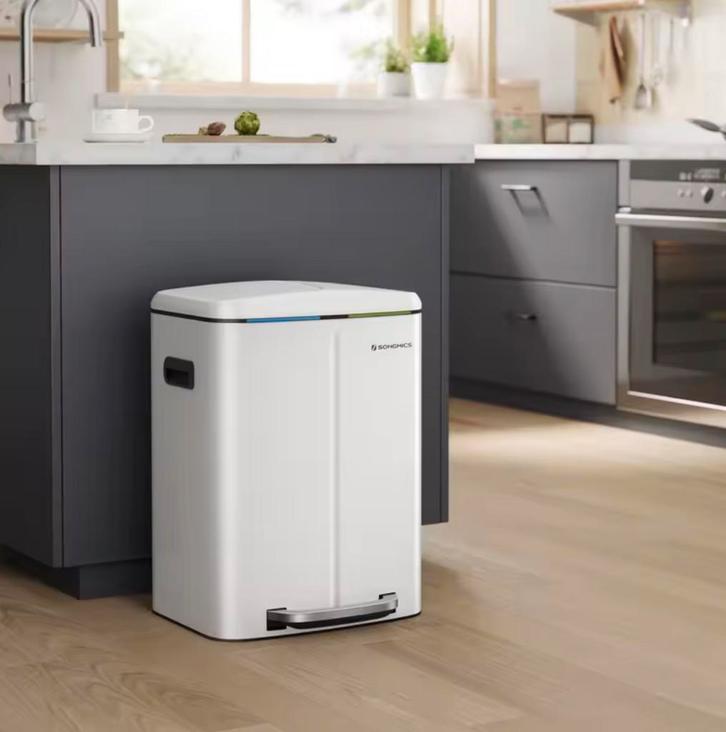 Nieuw: 40L Prullenbak met 2 Compartimenten Wit – Pedaalemmer, Huis en Inrichting, Woonaccessoires | Prullenbakken, Nieuw, Met pedaal