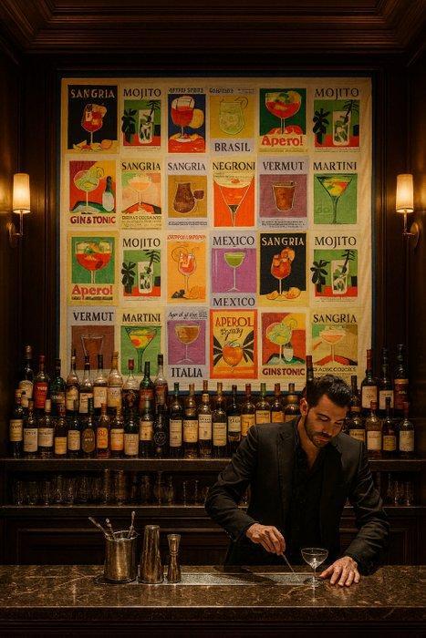 Arazzo Retro Mixologie van exclusief fluweel - 120x140cm -, Antiek en Kunst, Curiosa en Brocante