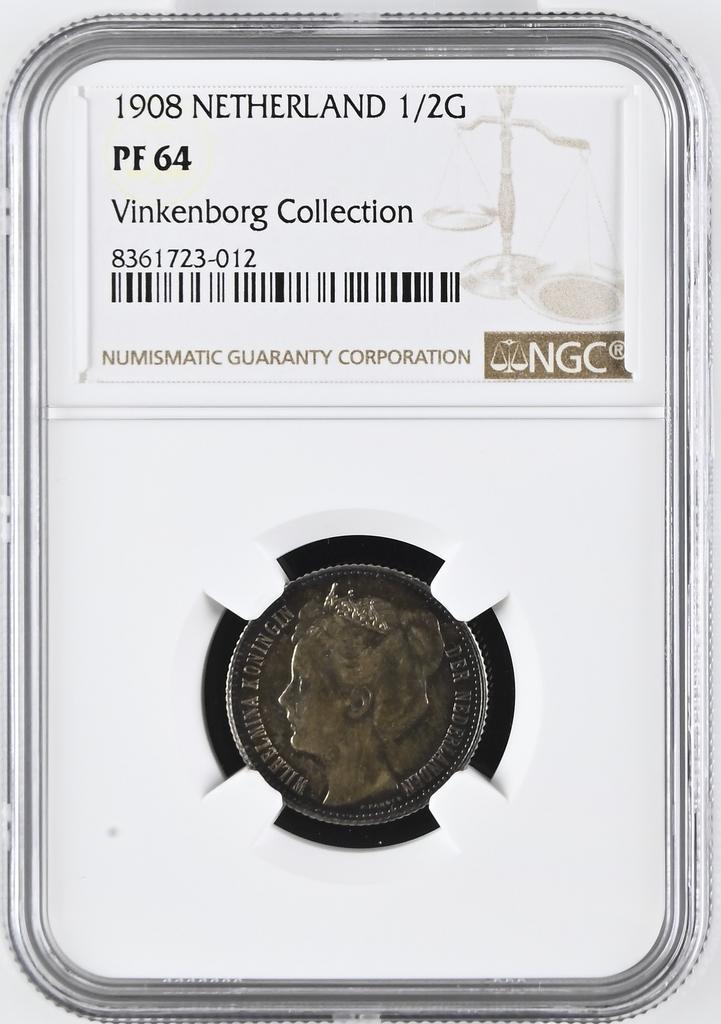 Koningin Wilhelmina halve gulden 1908 Proof PF64 NGC Ex, Postzegels en Munten, Munten | Nederland, Losse munt, Koningin Wilhelmina