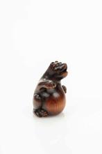 Een mooie boxwoodsnetske van een zittende tanuki met één