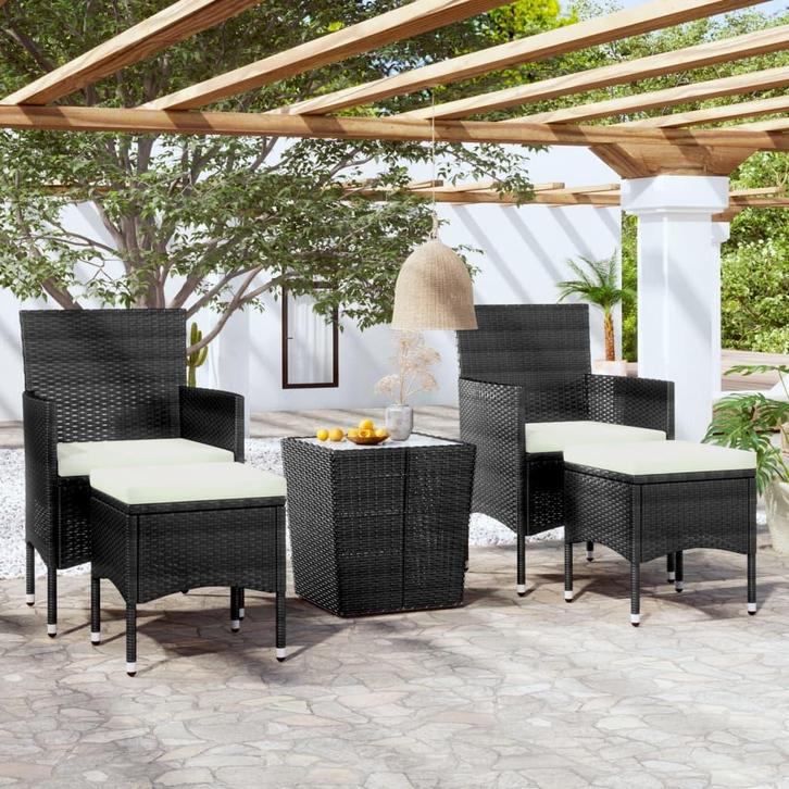 vidaXL 5-delige Bistroset poly rattan en gehard glas zwart, Tuin en Terras, Tuinsets en Loungesets, Nieuw, Rotan, Verzenden