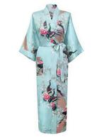 KIMU® Kimono Lichtblauw Maxi L-XL Yukata Satijn Lang Lange L, Nieuw, Carnaval, Maat 42/44 (L), Ophalen of Verzenden