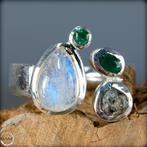 Zeldzaam Natuurlijke Diamant, Smaragd, Maansteen, Opal Ring