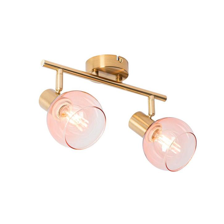 Art Deco spot goud met roze glas 2-lichts - Vidro, Huis en Inrichting, Lampen | Spots, Nieuw, Overige materialen