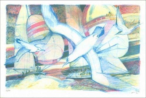 Paul Ambille - Lot de 4 lithographies : Bateaux et mouettes,, Antiek en Kunst, Antiek | Overige Antiek