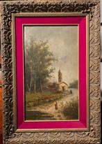 Franse school (XIX) - Paesaggio con chiesetta e figure, Antiek en Kunst