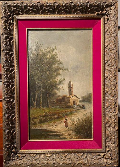 Franse school (XIX) - Paesaggio con chiesetta e figure, Antiek en Kunst, Kunst | Schilderijen | Klassiek