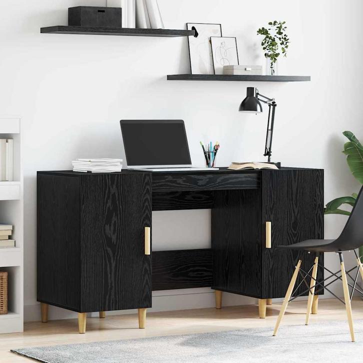 vidaXL Bureau met plank Zwart Eiken 140 x 50 x 75 cm Bewerkt, Huis en Inrichting, Bureaus, Nieuw, Verzenden
