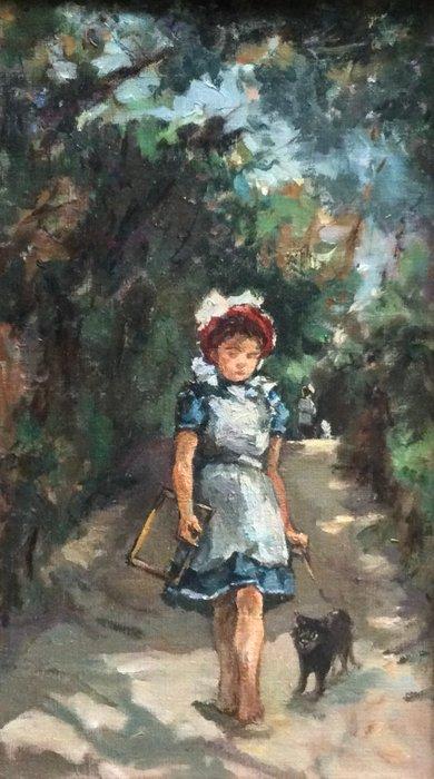 Nederlandse school (XX) - Meisje met kat in het bos, Antiek en Kunst, Kunst | Schilderijen | Klassiek