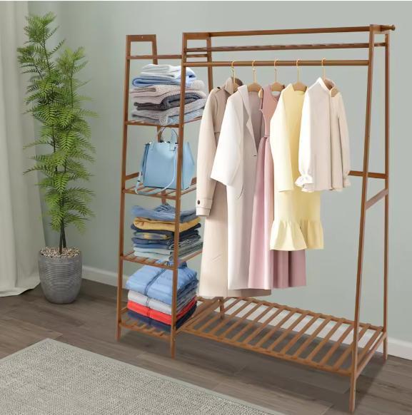 Bamboe Kledingrek –7 Planken en Kledingstang, Stabiel en Com, Kleding | Dames, Kledingrekken, Nieuw, Verzenden