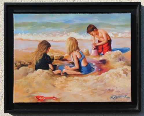 Francis Cristaux (1950) - Jeux sur le sable, Antiek en Kunst, Kunst | Schilderijen | Klassiek