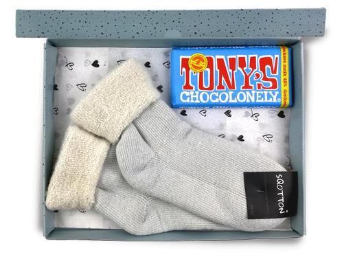 Merino wollen huissok met chocolade - Cadeaupakket - Blauw, Kleding | Heren, Sokken en Kousen, Verzenden