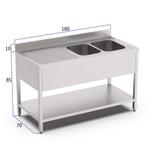 HCB Spoeltafel - dubbele spoelbakken rechts - 180 cm - RVS, Verzenden, Nieuw in verpakking, RVS Meubilair
