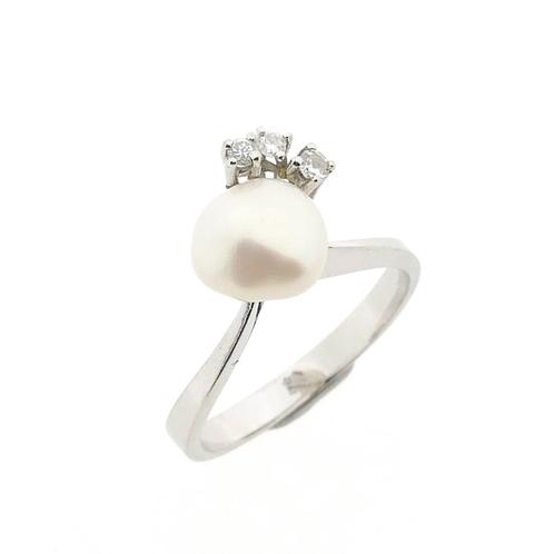 Witgouden ring met barok parel en diamant | 0,06 ct., Sieraden, Tassen en Uiterlijk, Ringen, Dame, Met edelsteen, Overige kleuren