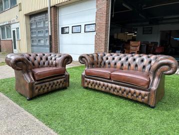 Bankstel CHESTERFIELD 2 zit bank + fauteuil stoel bruin leer beschikbaar voor biedingen