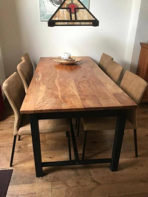Set van 6 leren eetkamerstoelen - bruin leer - Echt leer, Mo, Huis en Inrichting, Stoelen, Overige kleuren, Nieuw, Leer, Ophalen of Verzenden