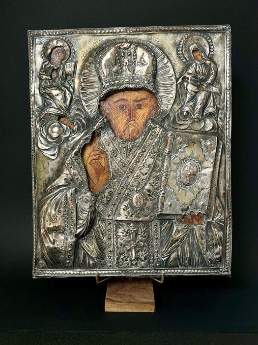Icoon - Hout, verzilverd verguld koperen - Saint Nicolas de, Antiek en Kunst, Kunst | Niet-Westerse kunst
