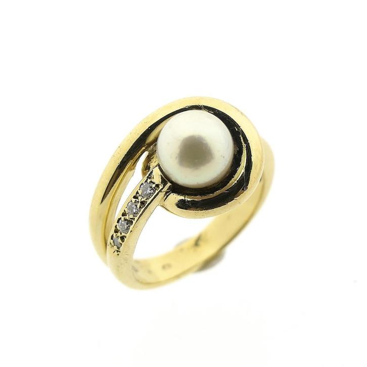 Gouden ring met parel en diamant; 0,08 ct., Sieraden, Tassen en Uiterlijk, Ringen, Dame, Met edelsteen, Overige kleuren, 17 tot 18