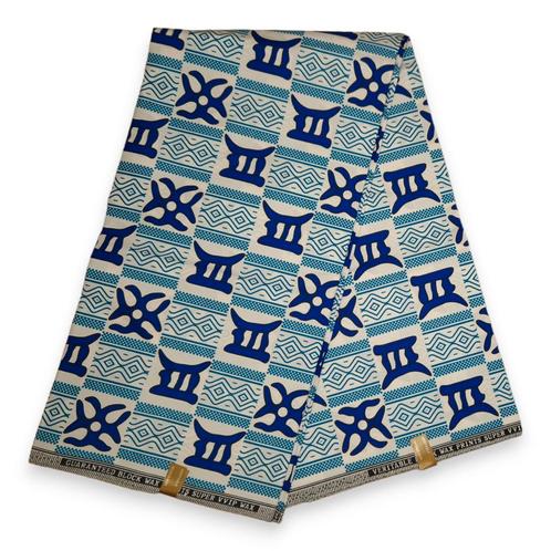 Afrikaanse stof - Blauw Witte Symbols - Polycotton, Hobby en Vrije tijd, Stoffen en Lappen, Nieuw, Ophalen of Verzenden