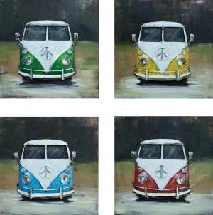 3D art metaalschilderij 4 luik Volkswagen busjes, Huis en Inrichting, Woonaccessoires | Overige, Nieuw, Ophalen of Verzenden