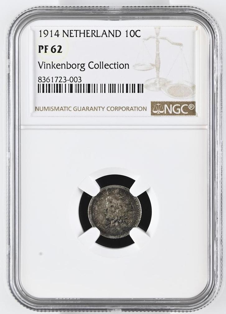 Koningin Wilhelmina 10 cent 1914 Proof NGC PF62 Vinkenborg, Postzegels en Munten, Munten | Nederland, Losse munt, 10 cent, Koningin Wilhelmina