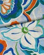 Viscose/Linnen Bloemen Blauw/Oranje, Nieuw, Blauw