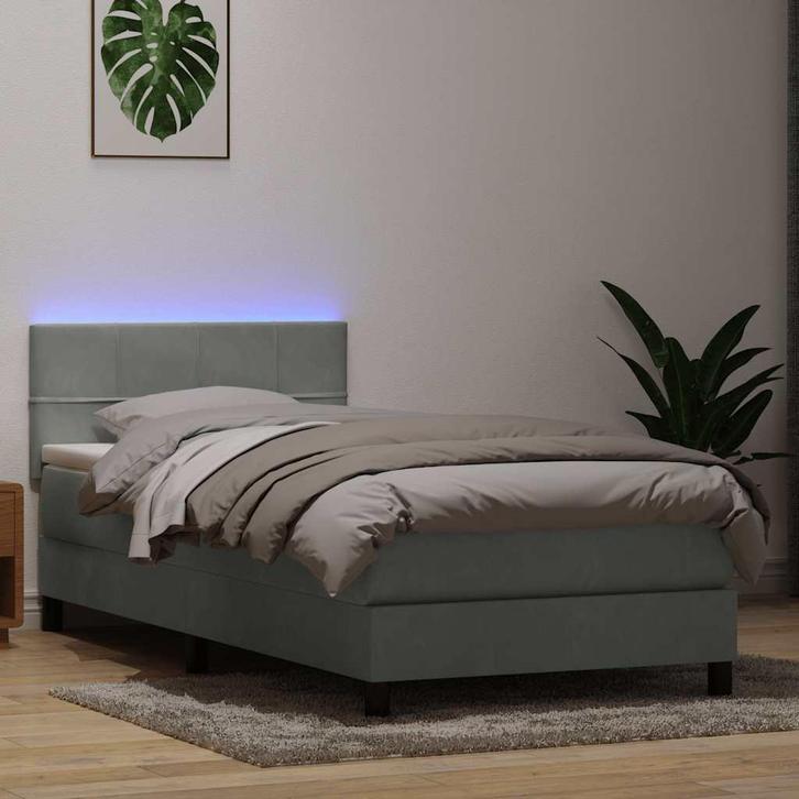 vidaXL Boxspring met matras en LED fluweel lichtgrijs 90x210, Huis en Inrichting, Slaapkamer | Bedden, Grijs, Nieuw, Stof, Verzenden