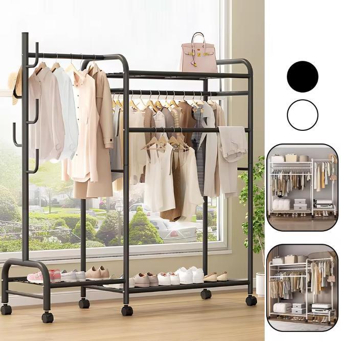 Zwaar Dubbel Kledingrek – Met Haken, Schoenenrek en Wielen, Huis en Inrichting, Woonaccessoires | Kapstokken, Nieuw, Verzenden