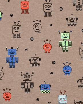 Katoen Jersey Neon Robots Taupe, Hobby en Vrije tijd, Stoffen en Lappen, Grijs, Nieuw