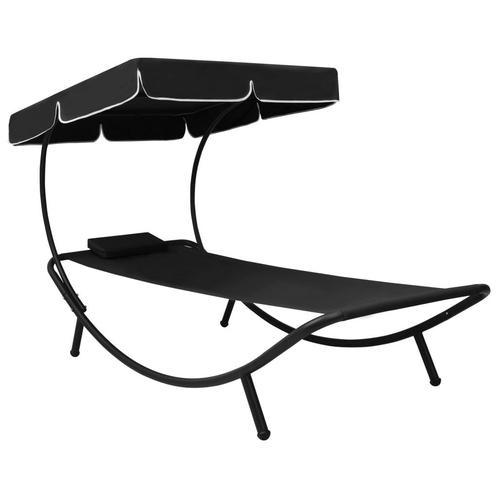vidaXL Loungebed met luifel en kussen zwart, Tuin en Terras, Ligbedden, Nieuw, Verzenden