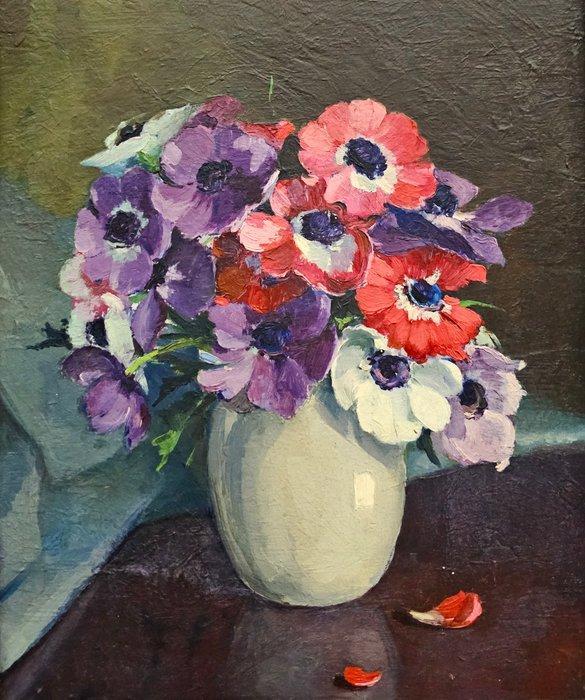 European school (c.1930) - Anemones in a earthenware vase, Antiek en Kunst, Kunst | Schilderijen | Klassiek