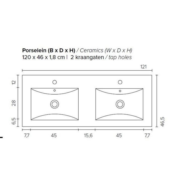 Badkamermeubel Boss & Wessing Pepper Wastafel Porselein Twee, Huis en Inrichting, Badkamer | Badkamermeubels, Ophalen of Verzenden