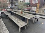 Houten Terrasset Tafel met 2 Banken – 3 sets beschikbaar, Ophalen of Verzenden, Gebruikt, Meubilair