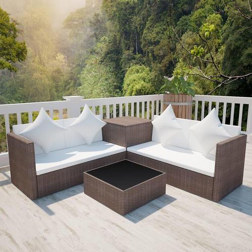 vidaXL 4-delige Loungeset met kussens poly rattan bruin, Tuin en Terras, Tuinsets en Loungesets, Loungeset, Nieuw, 4 zitplaatsen